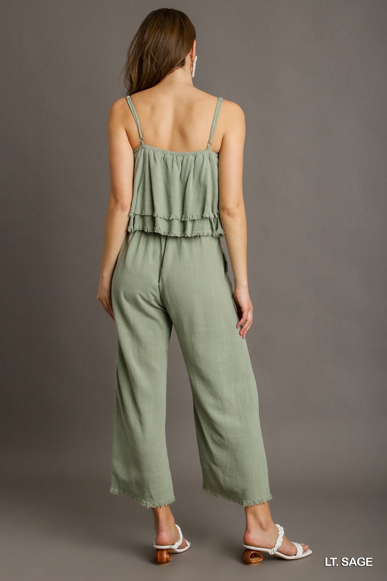 Spaghetti Strap Ruffled Jumpsuit in Light Sage