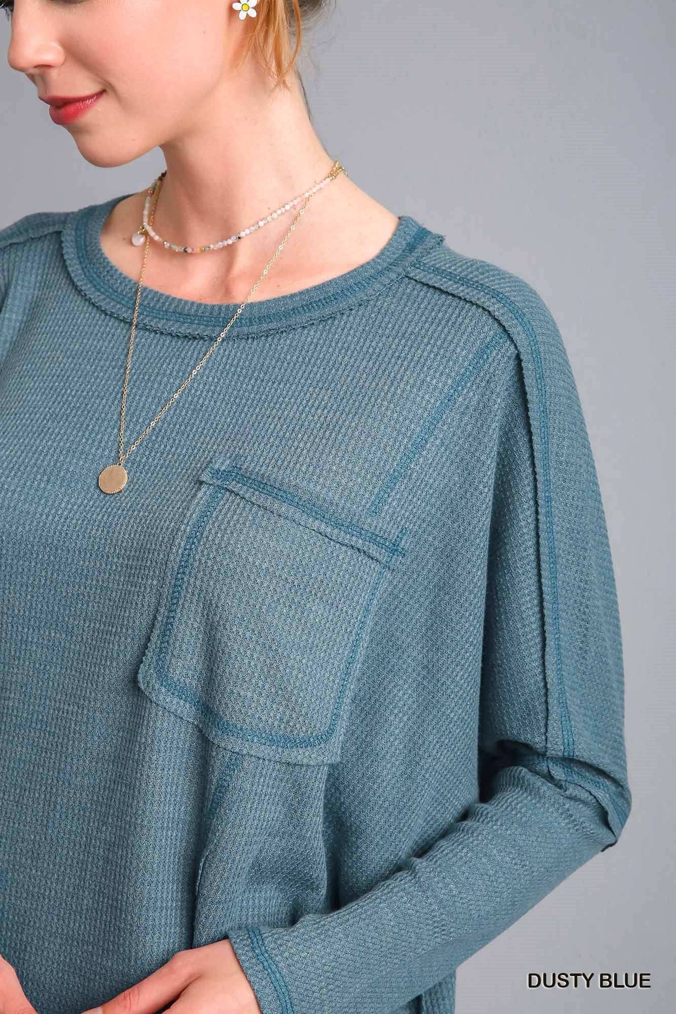 Waffle knit top in Dusty Blue