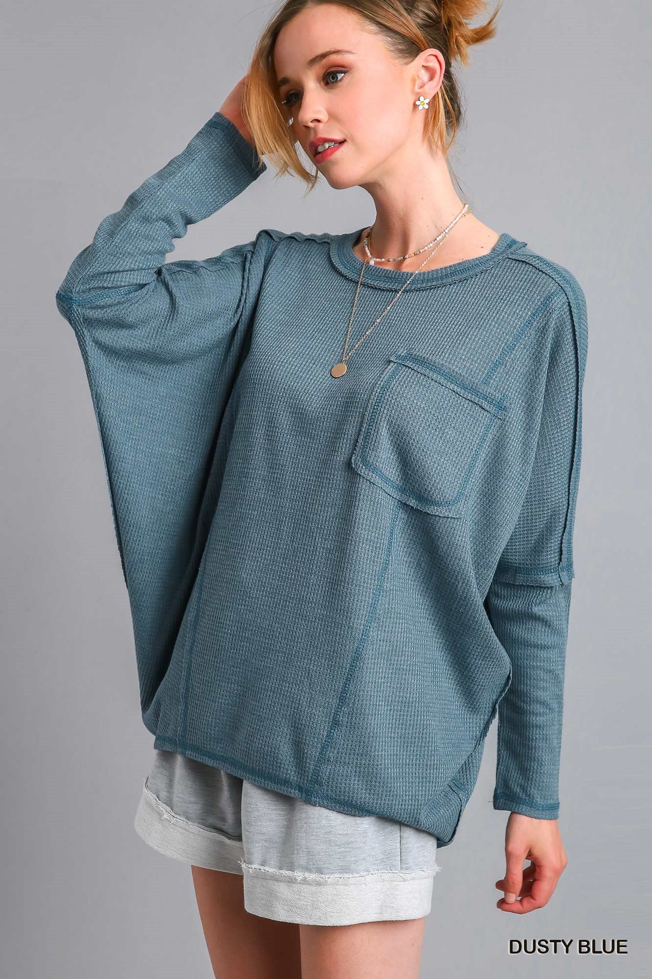 Waffle knit top in Dusty Blue