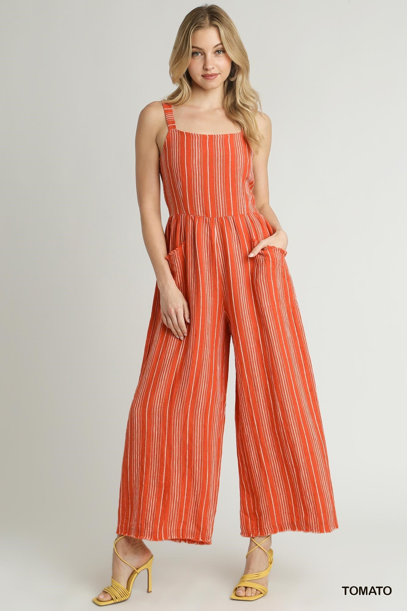 Washed Sleeveless Jumpsuit in Tomato/Cream