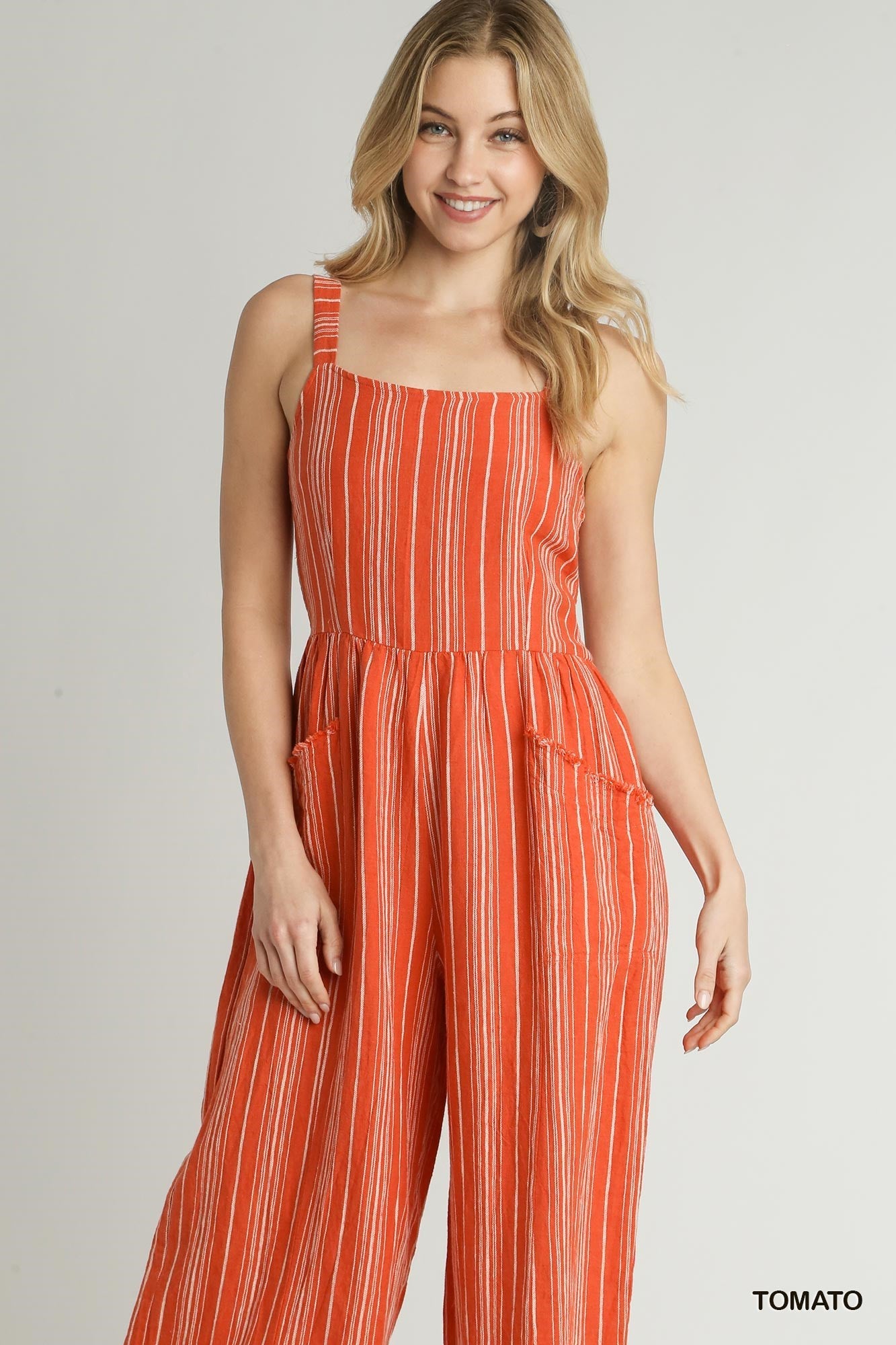 Washed Sleeveless Jumpsuit in Tomato/Cream