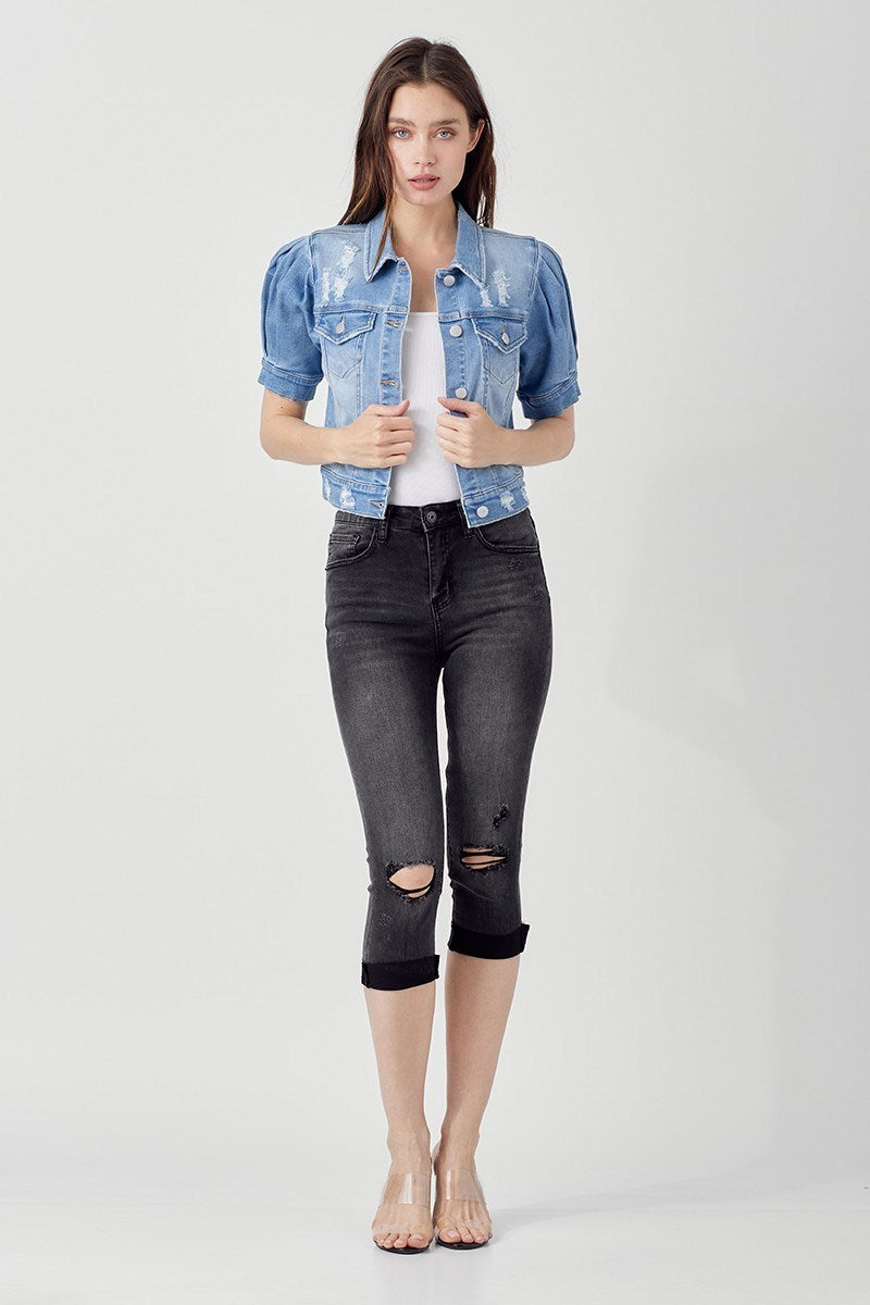 Shirring Crop Denim Jacket