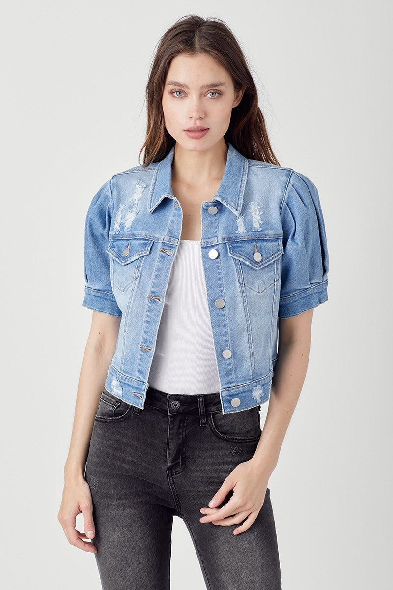 Shirring Crop Denim Jacket