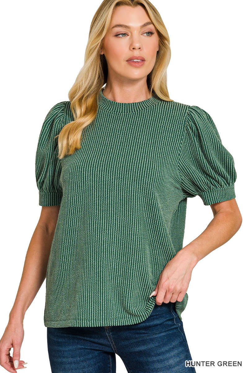 Raised Ribbed Puff Sleeve Top in Hunter Green