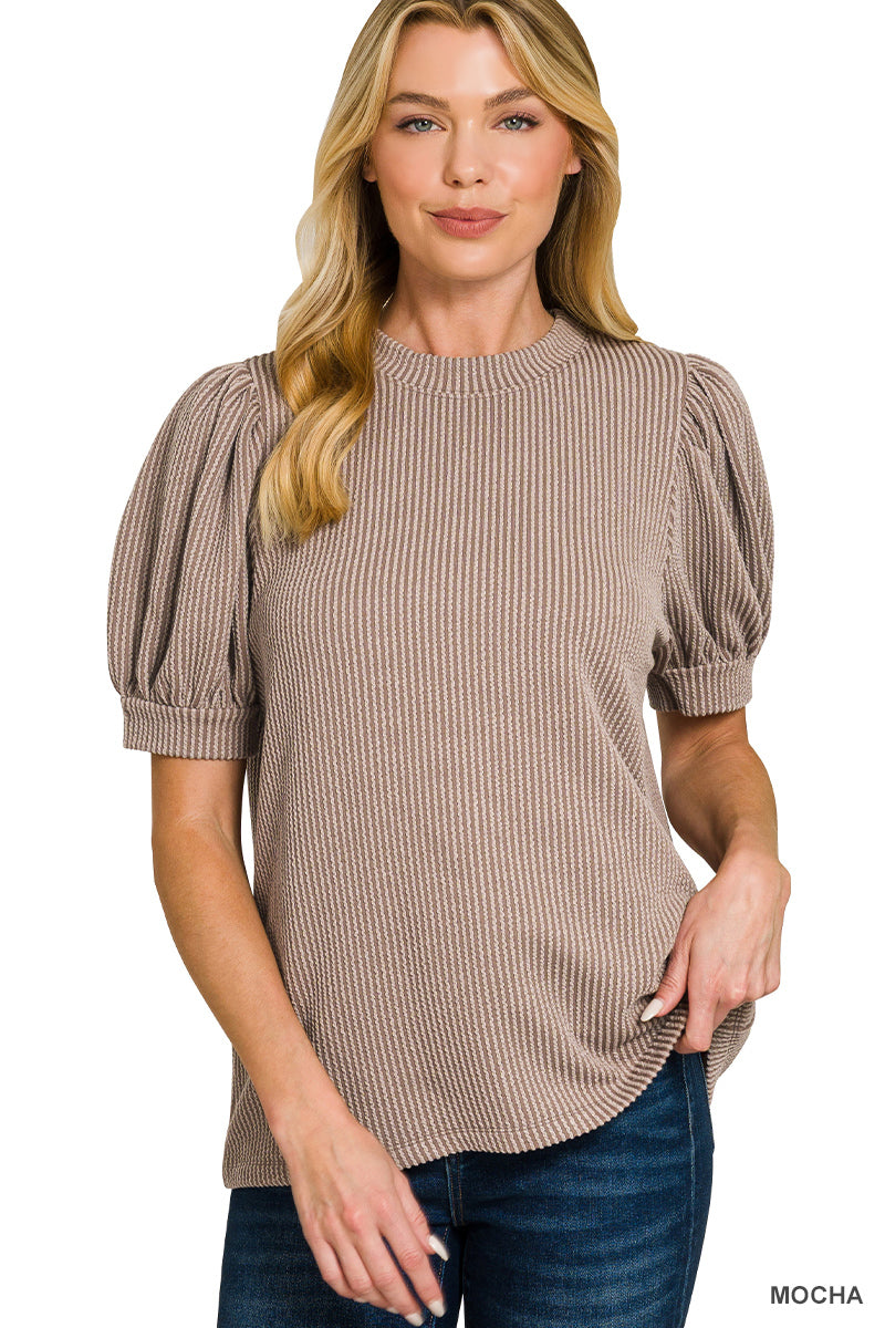 Raised Ribbed Puff Sleeve Top in Mocha