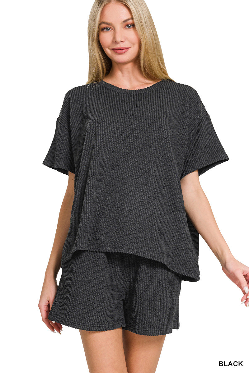 Corded Rib Short Set in Black