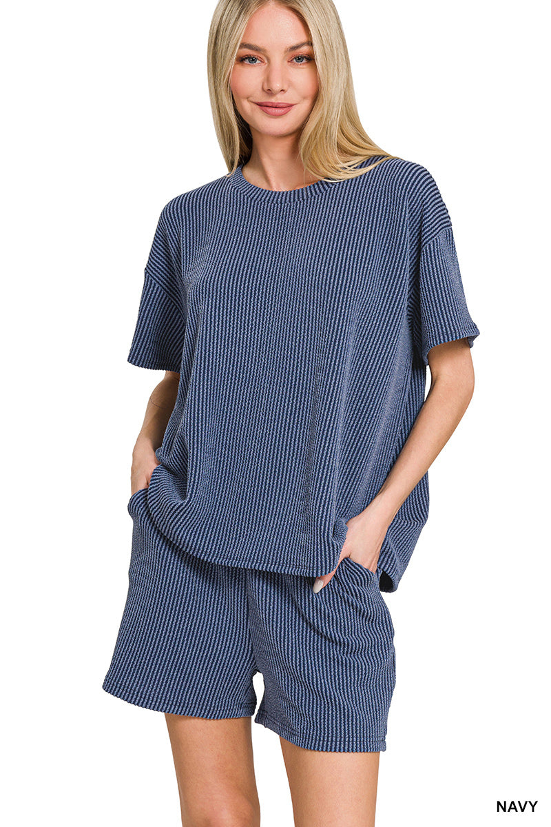 Corded Rib Short Set in Navy