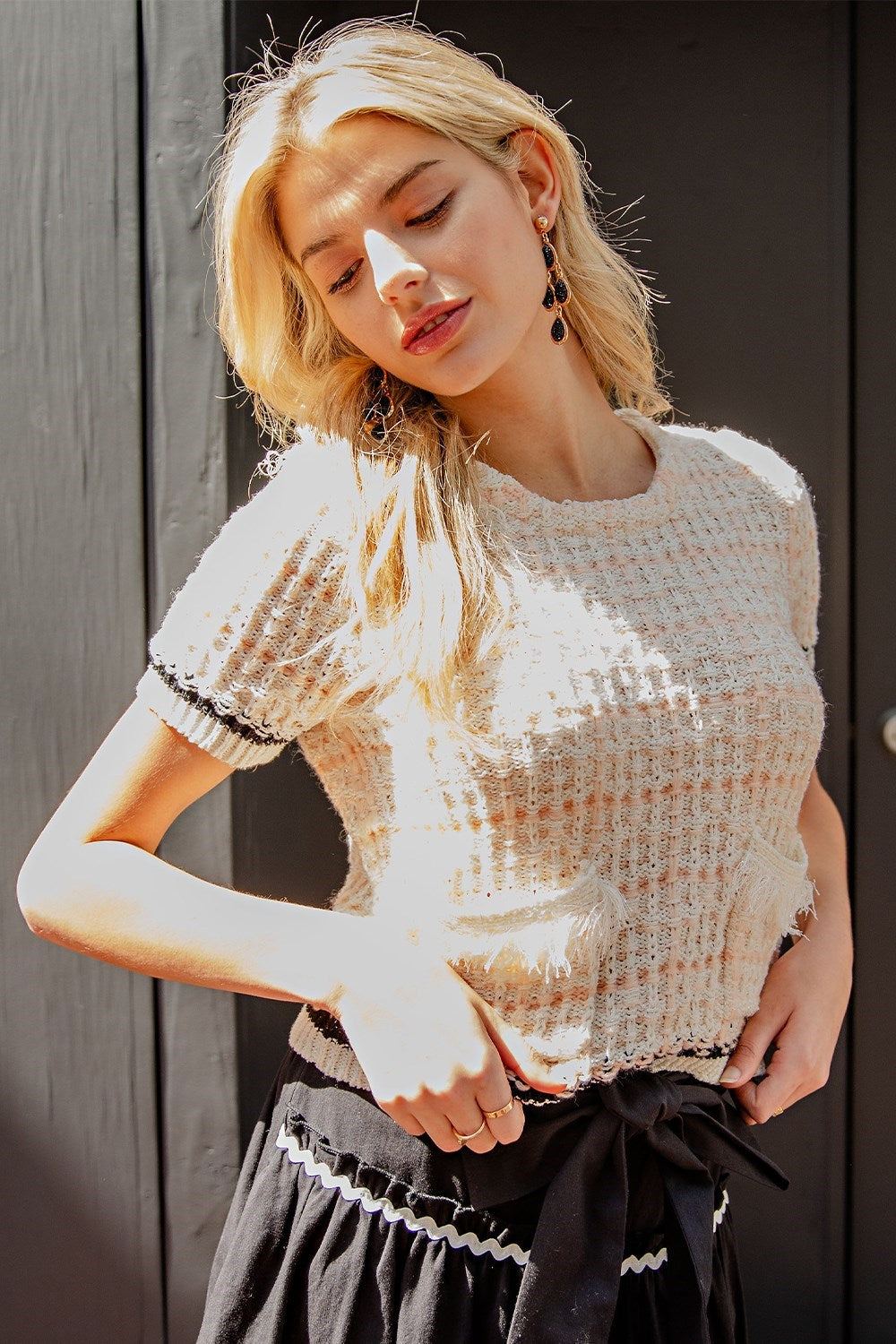 Short Sleeve Pocket Knit Sweater in Apricot