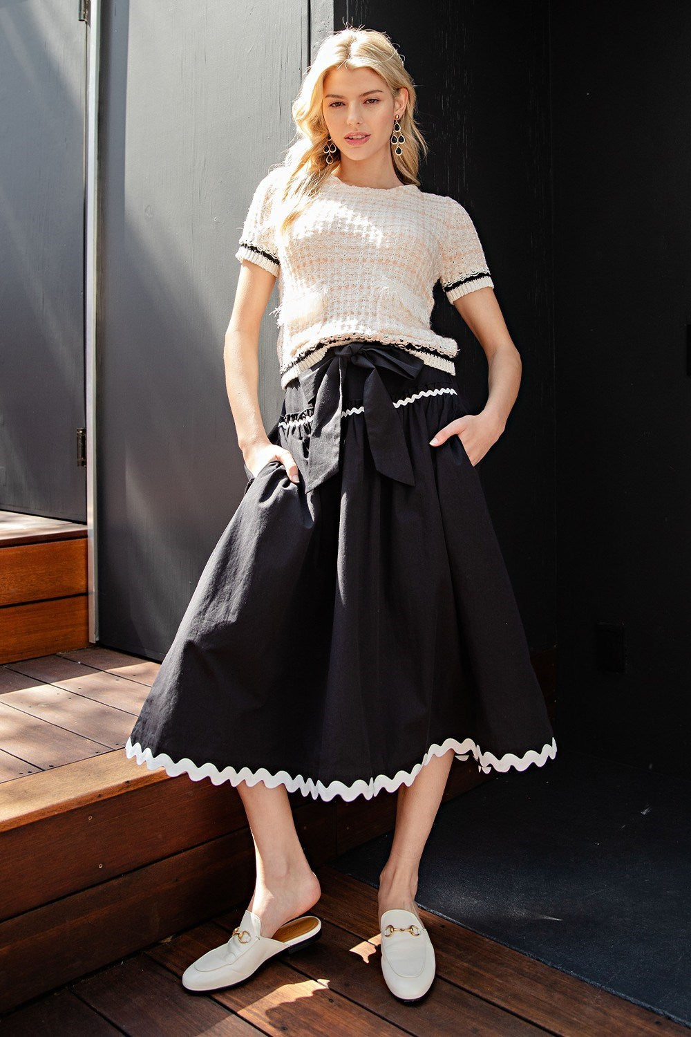 Rick Rack Trim Midi Skirt in Black/White