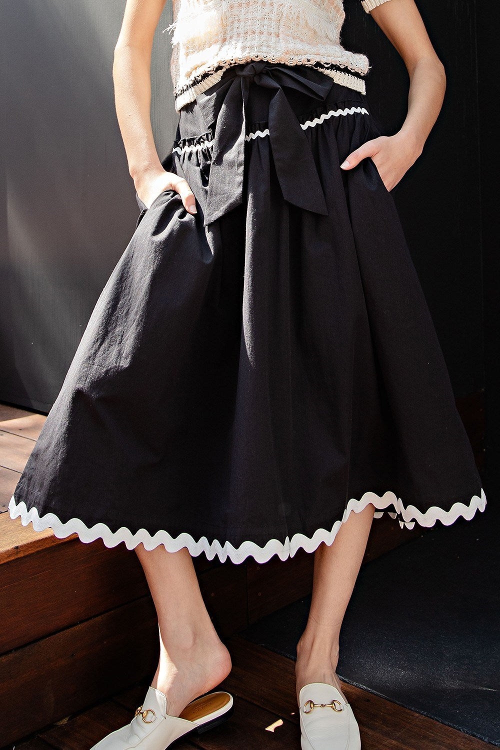 Rick Rack Trim Midi Skirt in Black/White