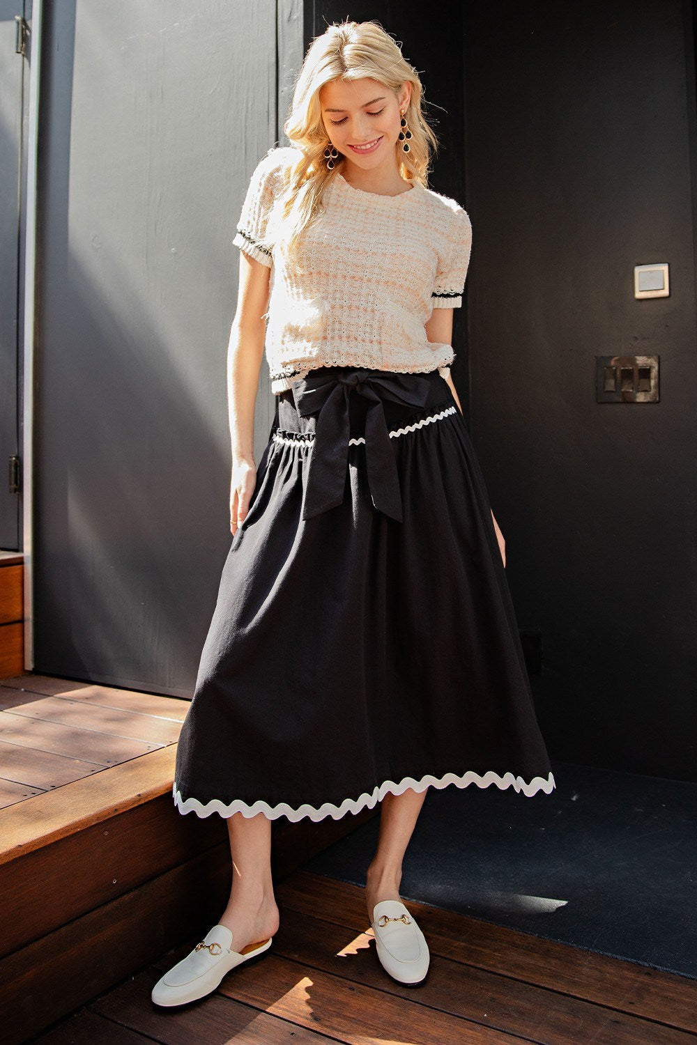 Rick Rack Trim Midi Skirt in Black/White