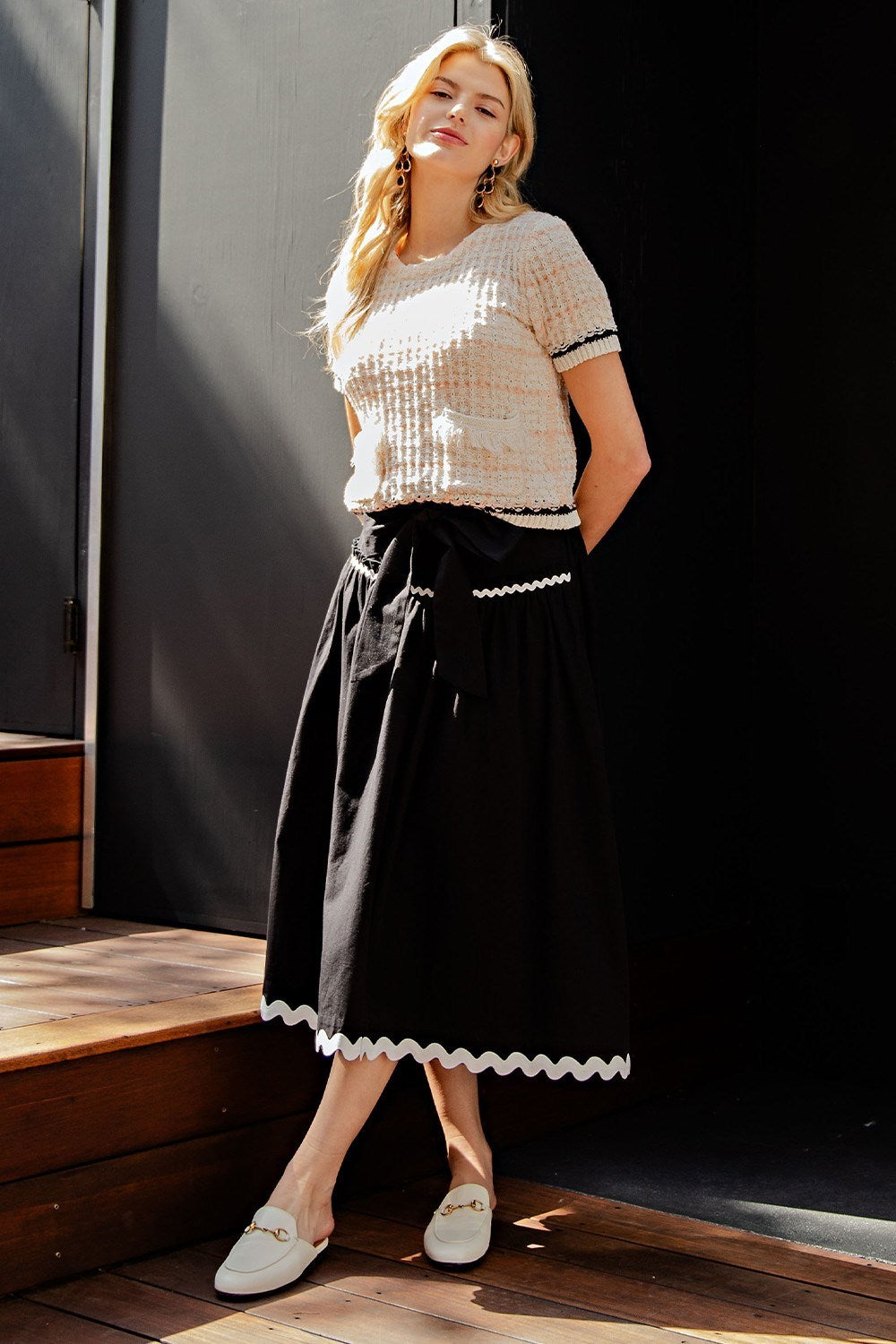 Rick Rack Trim Midi Skirt in Black/White