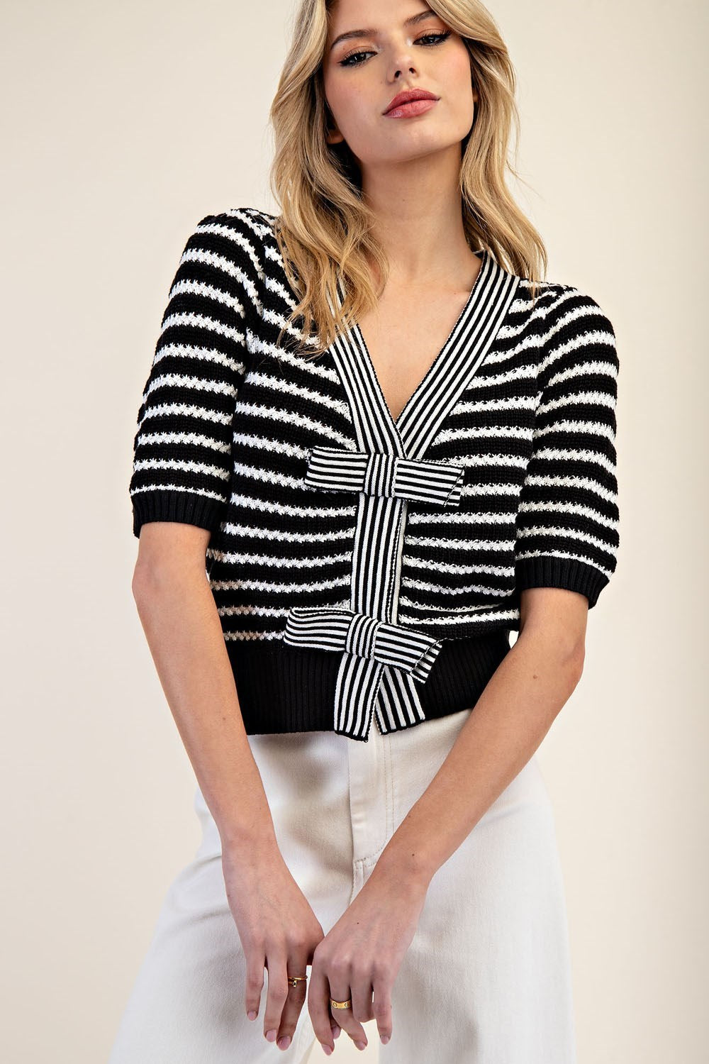 Stripe V-Neck Short Sleeve Cardigan