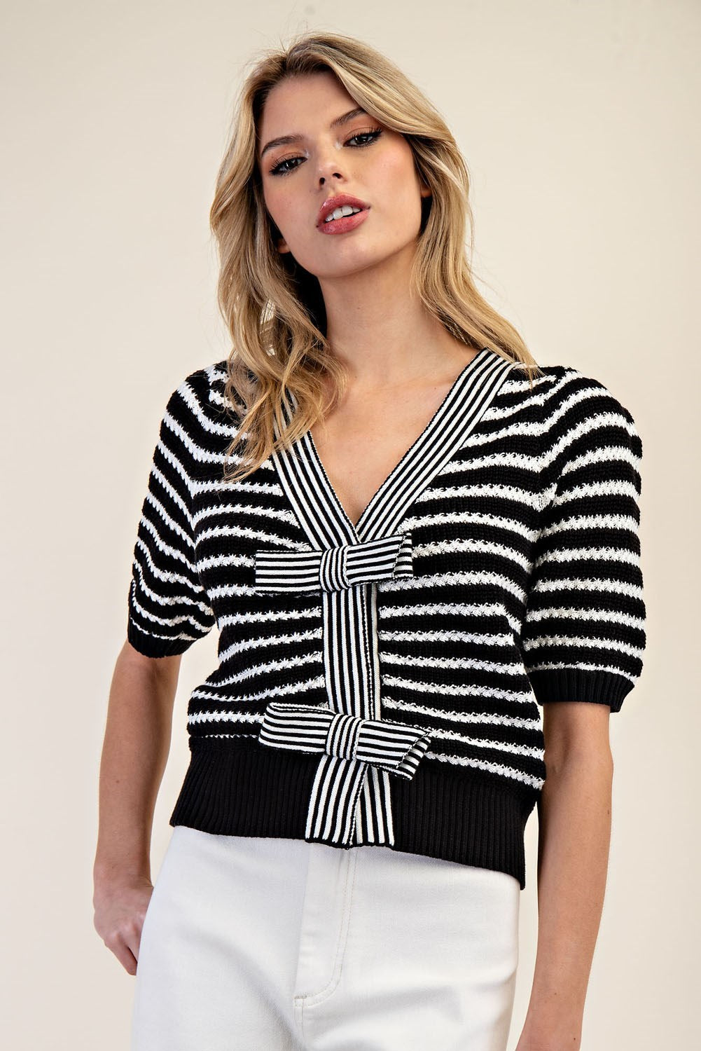 Stripe V-Neck Short Sleeve Cardigan