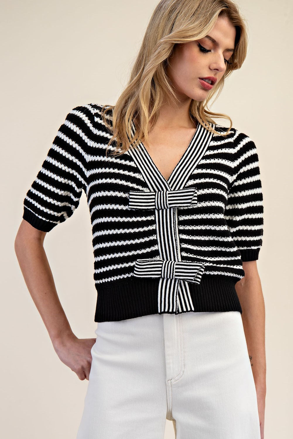 Stripe V-Neck Short Sleeve Cardigan