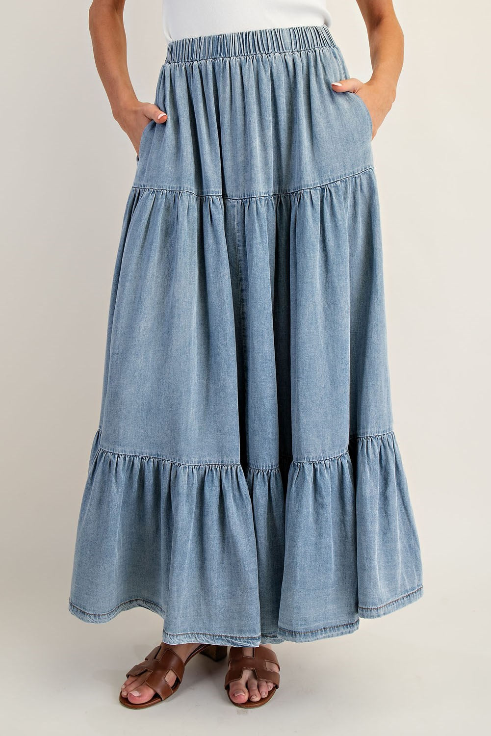 Denim Tiered Maxi Skirt