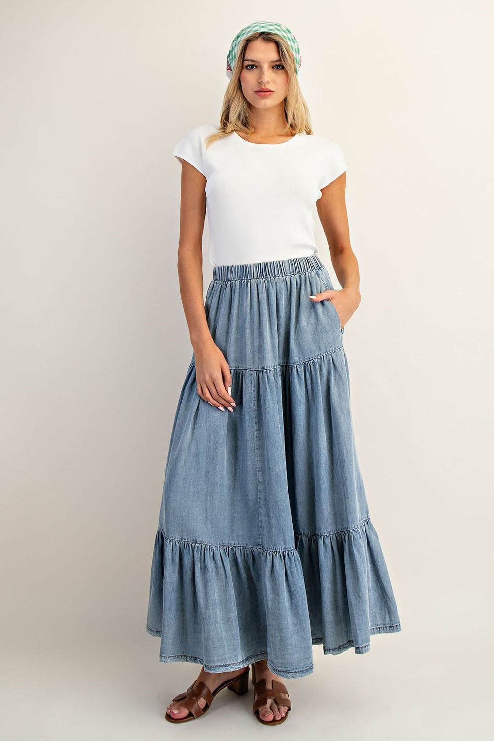 Denim Tiered Maxi Skirt