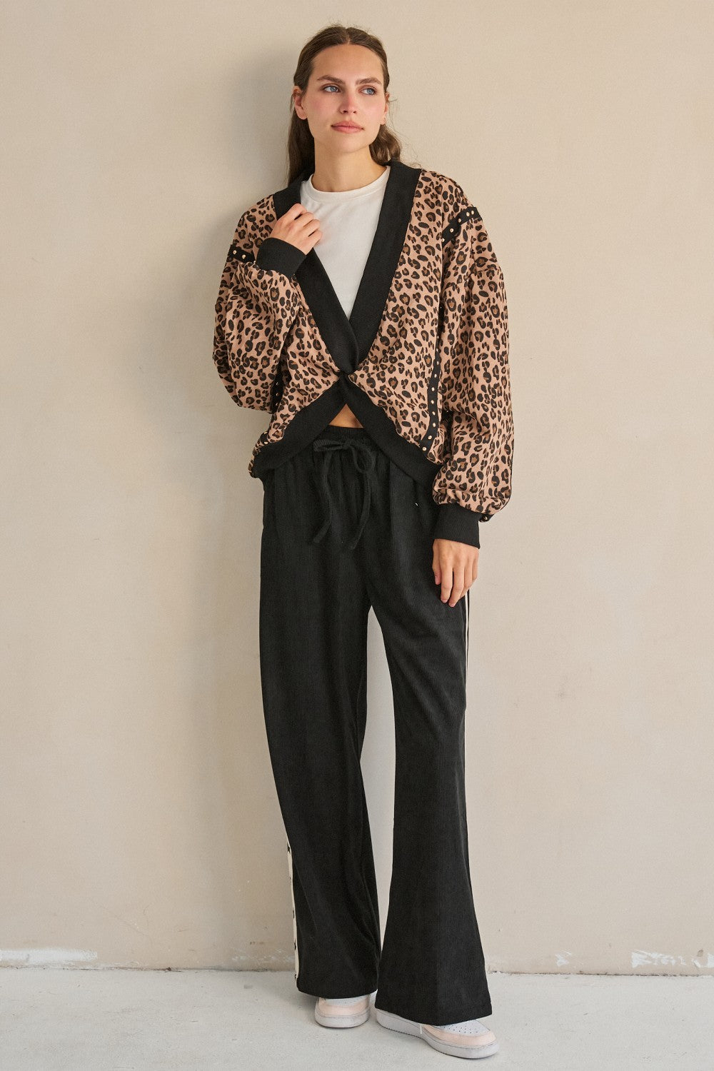 Leopard Twist Front Studded Sweatshirt