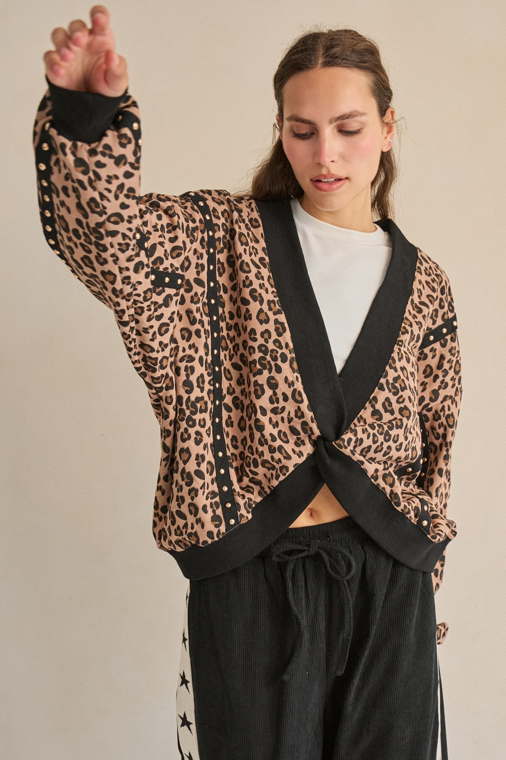 Leopard Twist Front Studded Sweatshirt