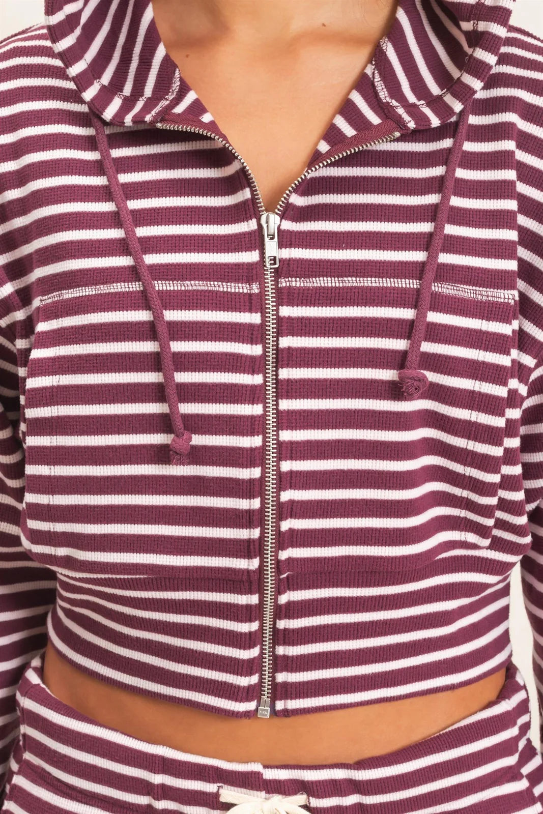 Stripe Waffle Knit Hoodie in Dark Cherry