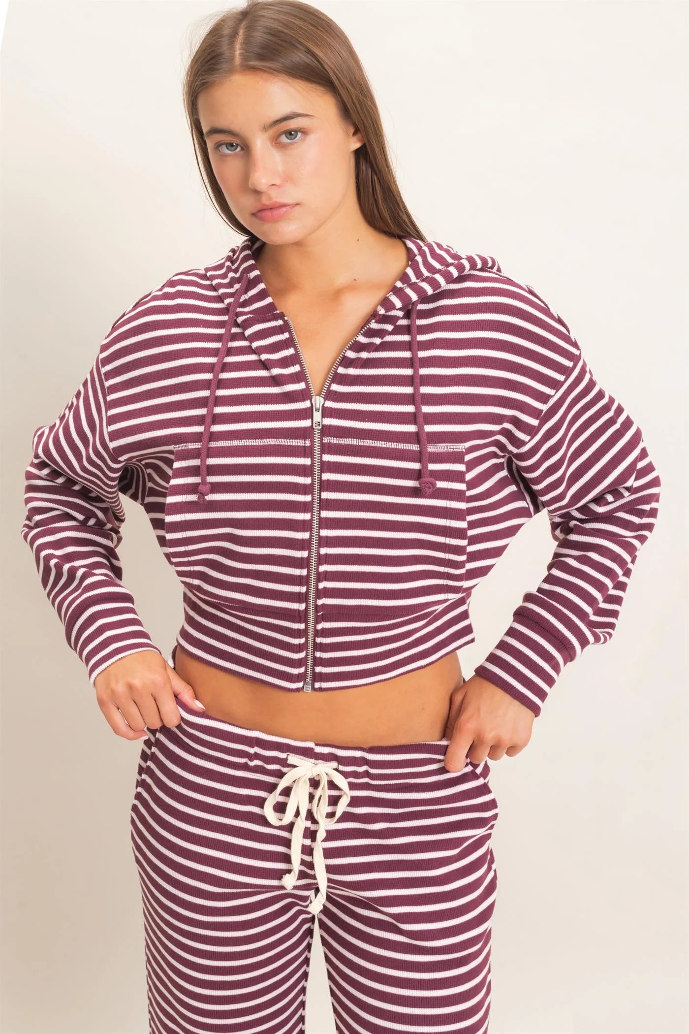 Stripe Waffle Knit Hoodie in Dark Cherry