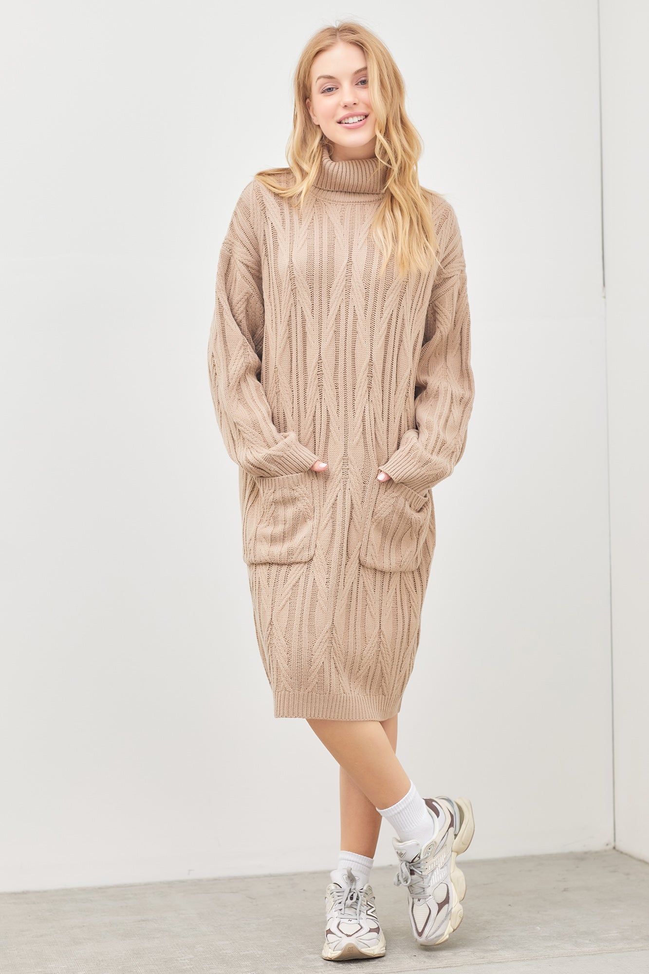 Woven Knit Turtleneck Midi Dress