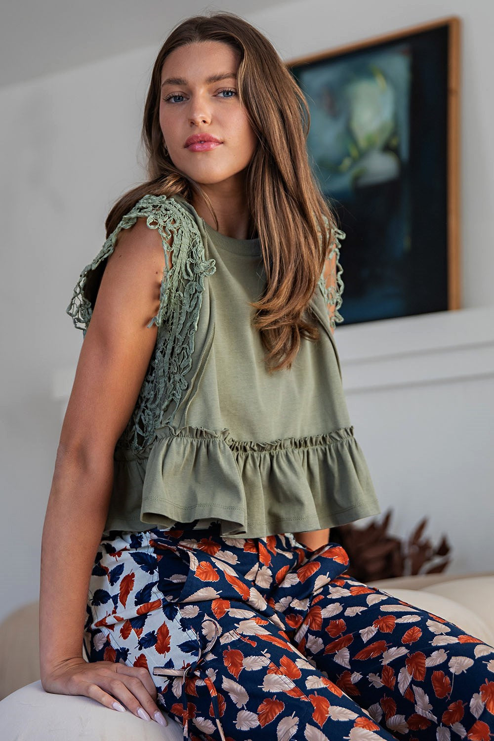 Lace Trim Ruffle Top in Dry Herb