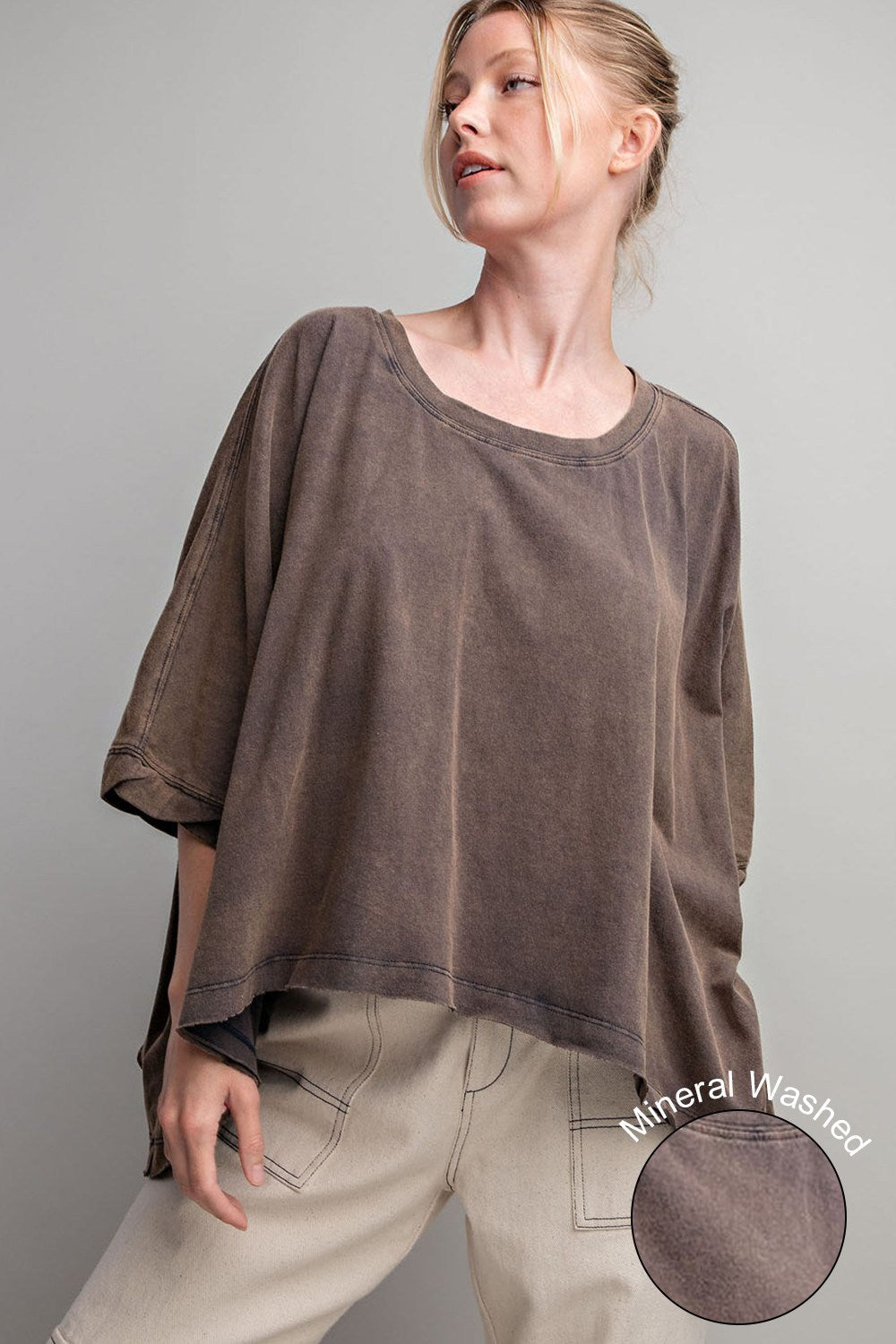 Mineral washed Short sleeve dolman Top in Ash