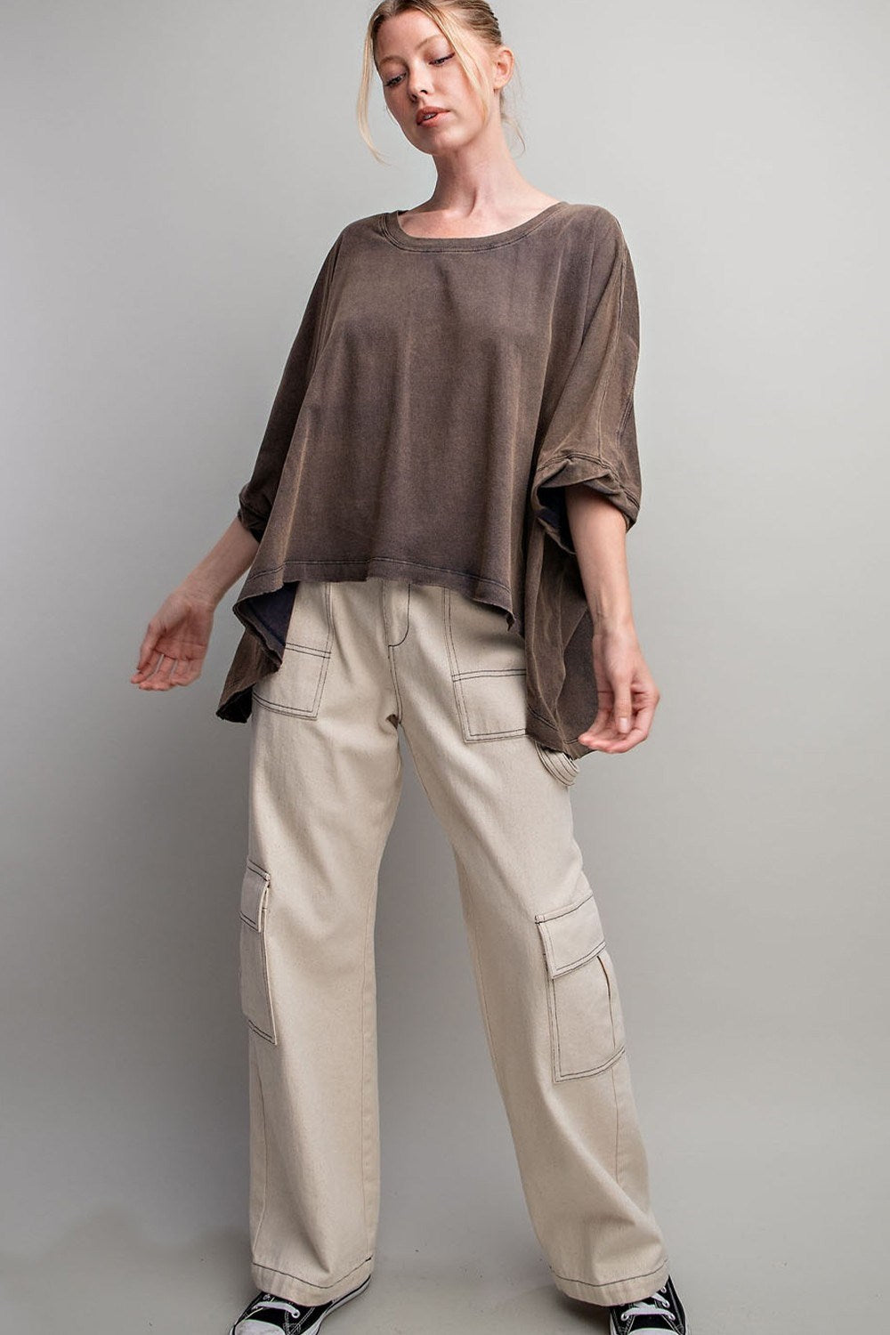 Mineral washed Short sleeve dolman Top in Ash