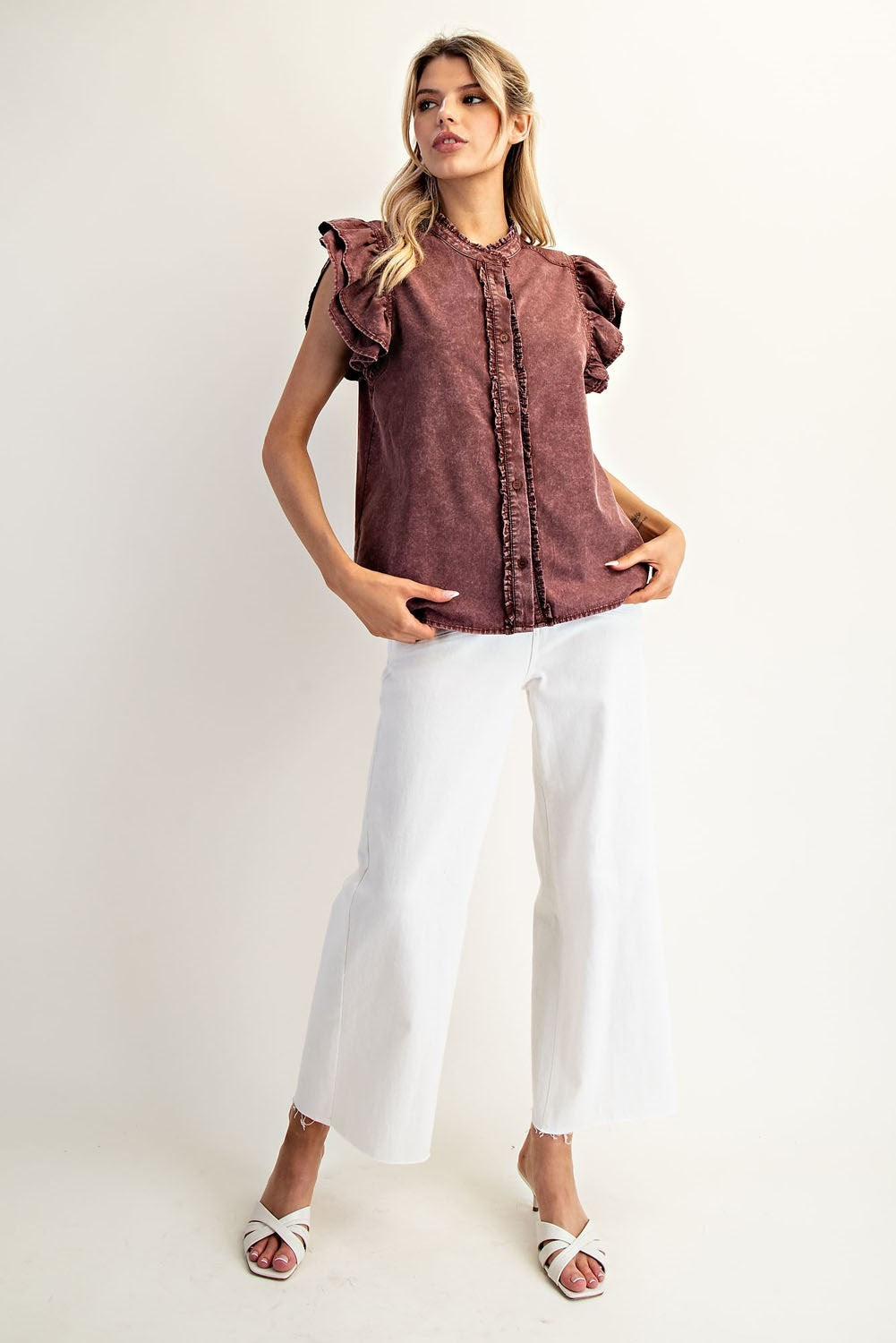 Ruffled Sleeve Denim Top in Wine