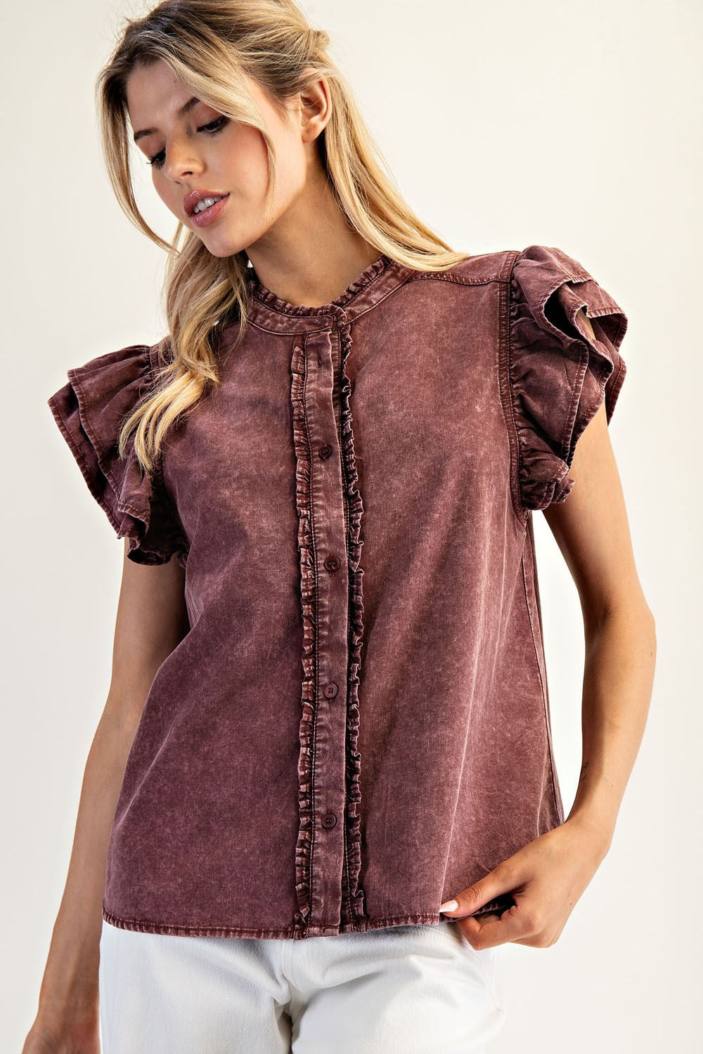 Ruffled Sleeve Denim Top in Wine