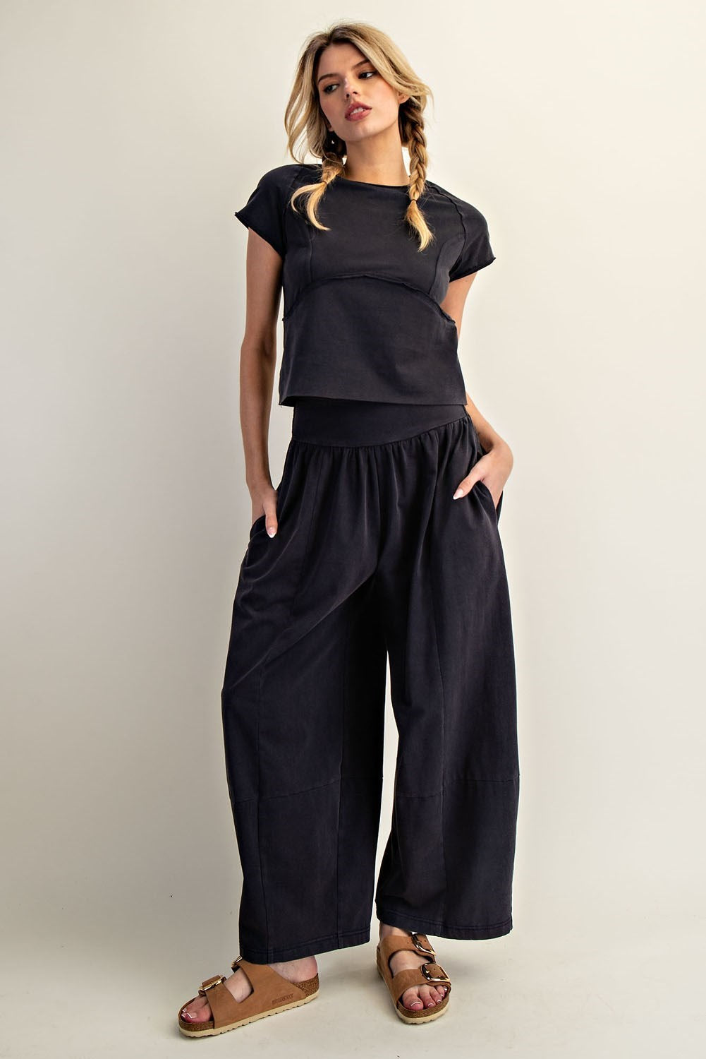 Mineral Wash Crop Pant Set in Ash Black