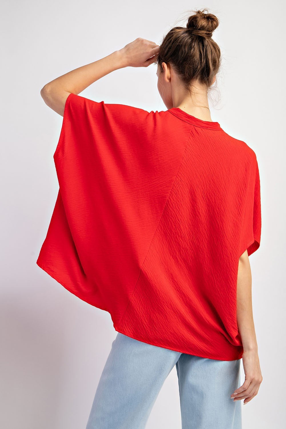 Short Sleeve Collar Detail Blouse in Red