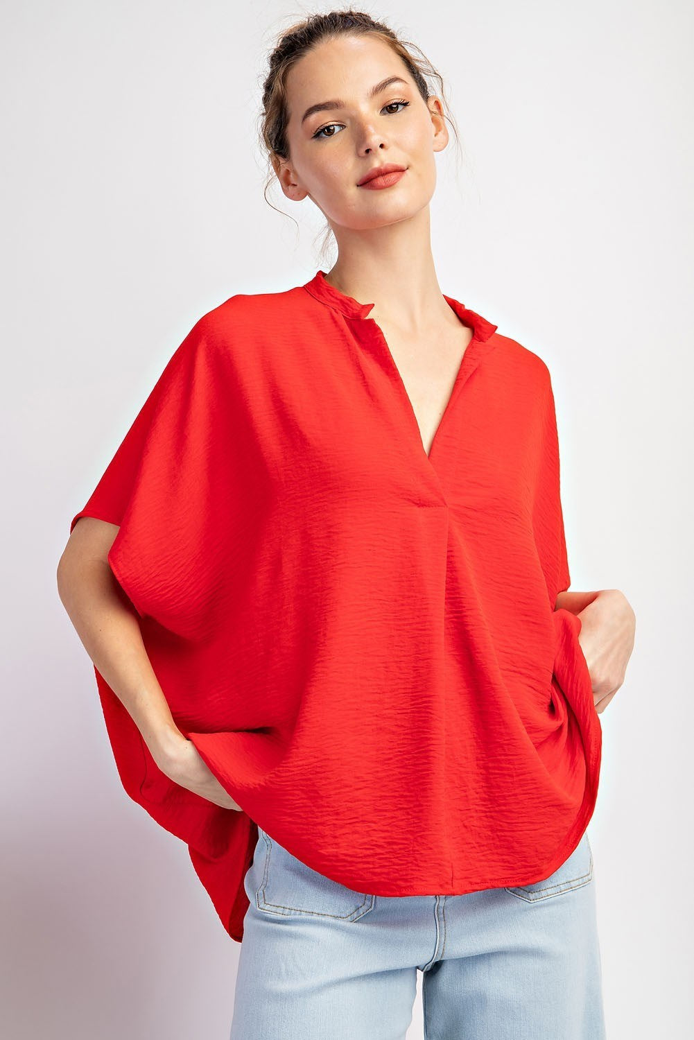 Short Sleeve Collar Detail Blouse in Red