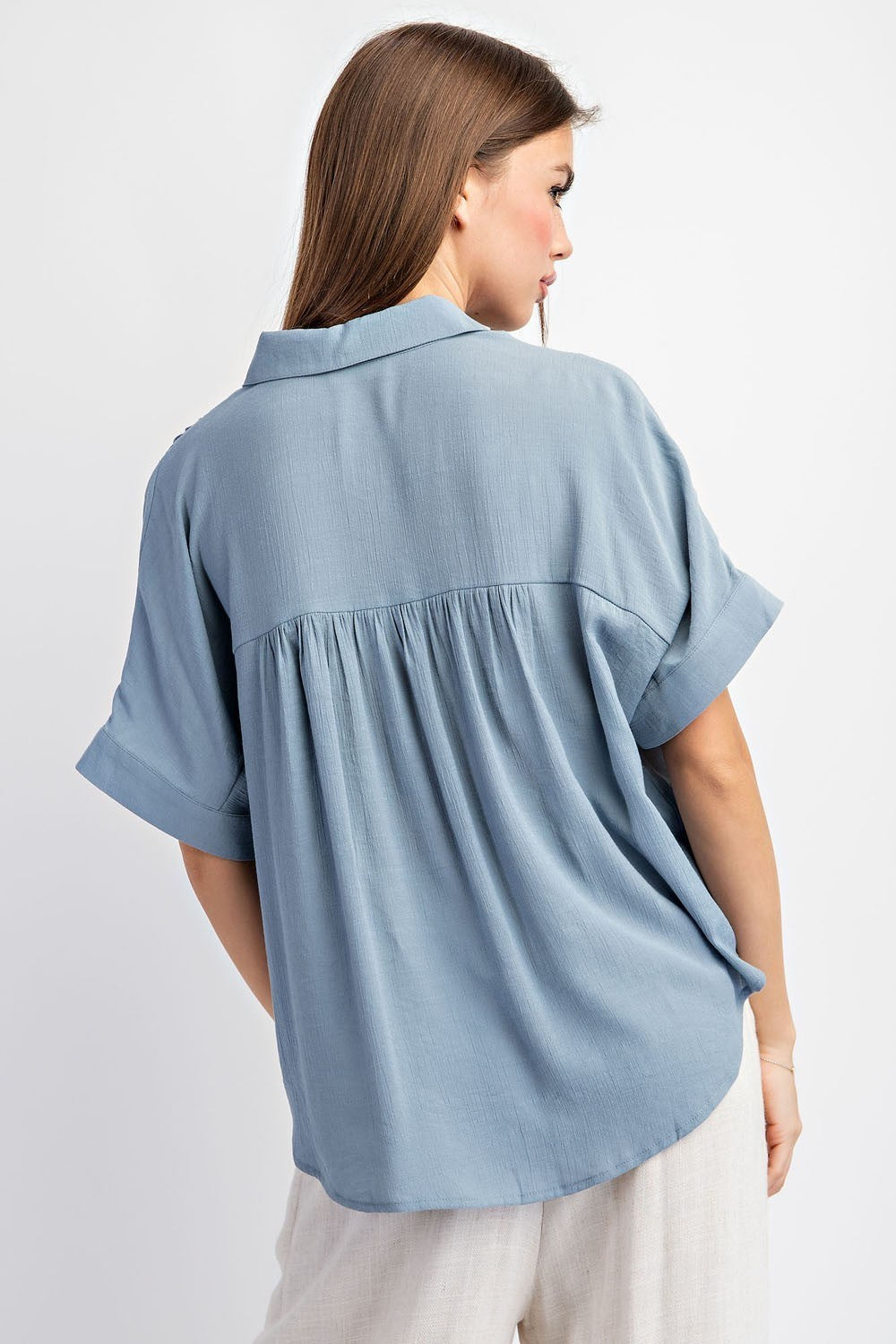 Collared Short Sleeve Button Down in Icy Blue