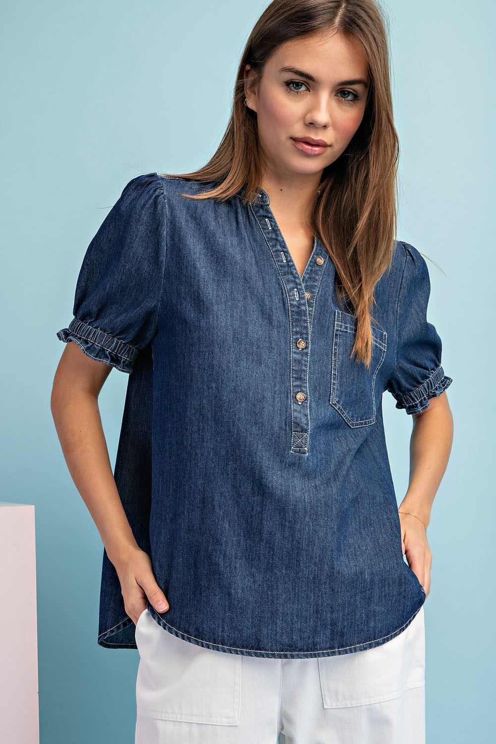 Mineral Washed Short Sleeve Denim top