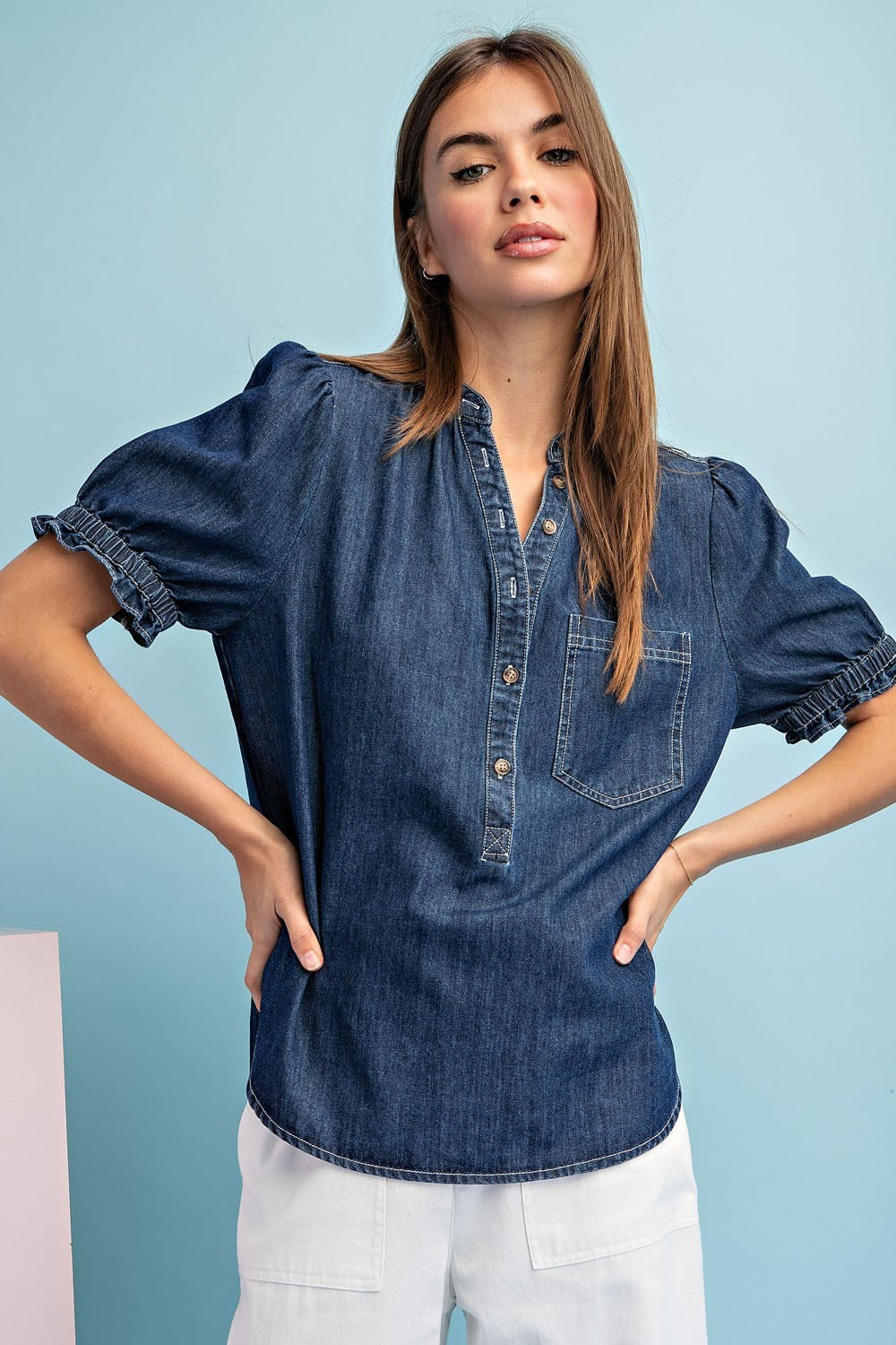 Mineral Washed Short Sleeve Denim top