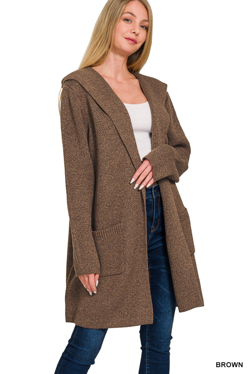 Hooded Open Front Cardigan in Brown