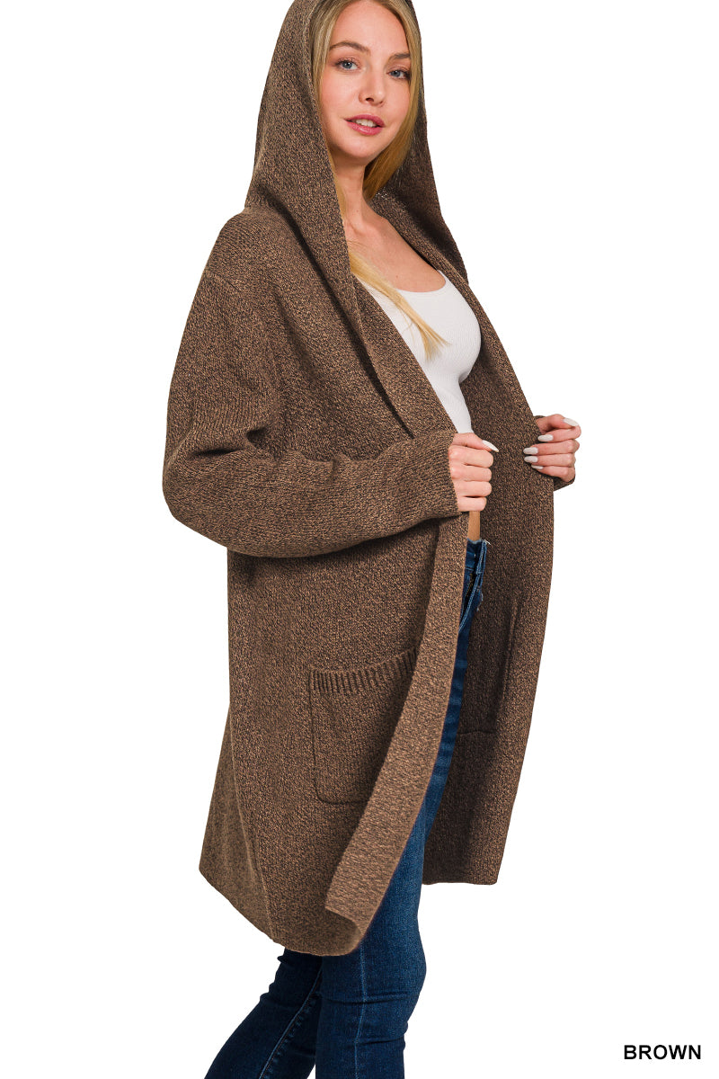 Hooded Open Front Cardigan in Brown