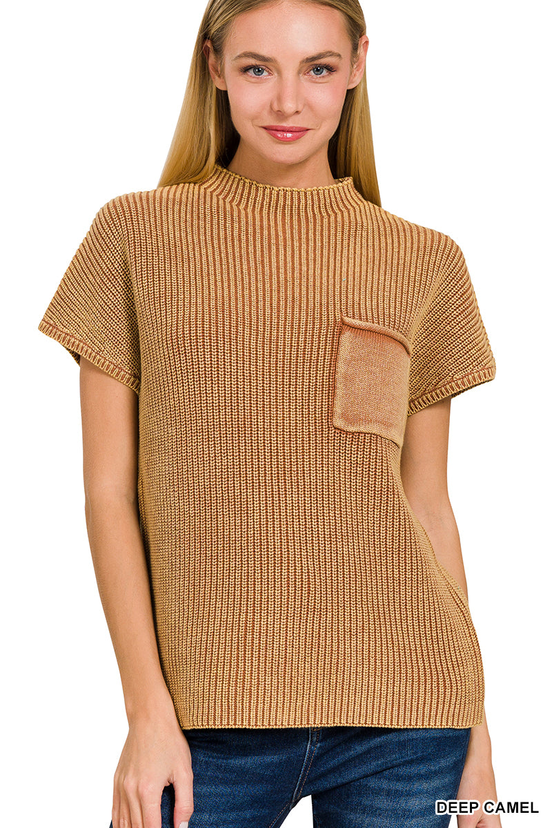 Washed Mock Neck Short Sleeve Sweater in Camel