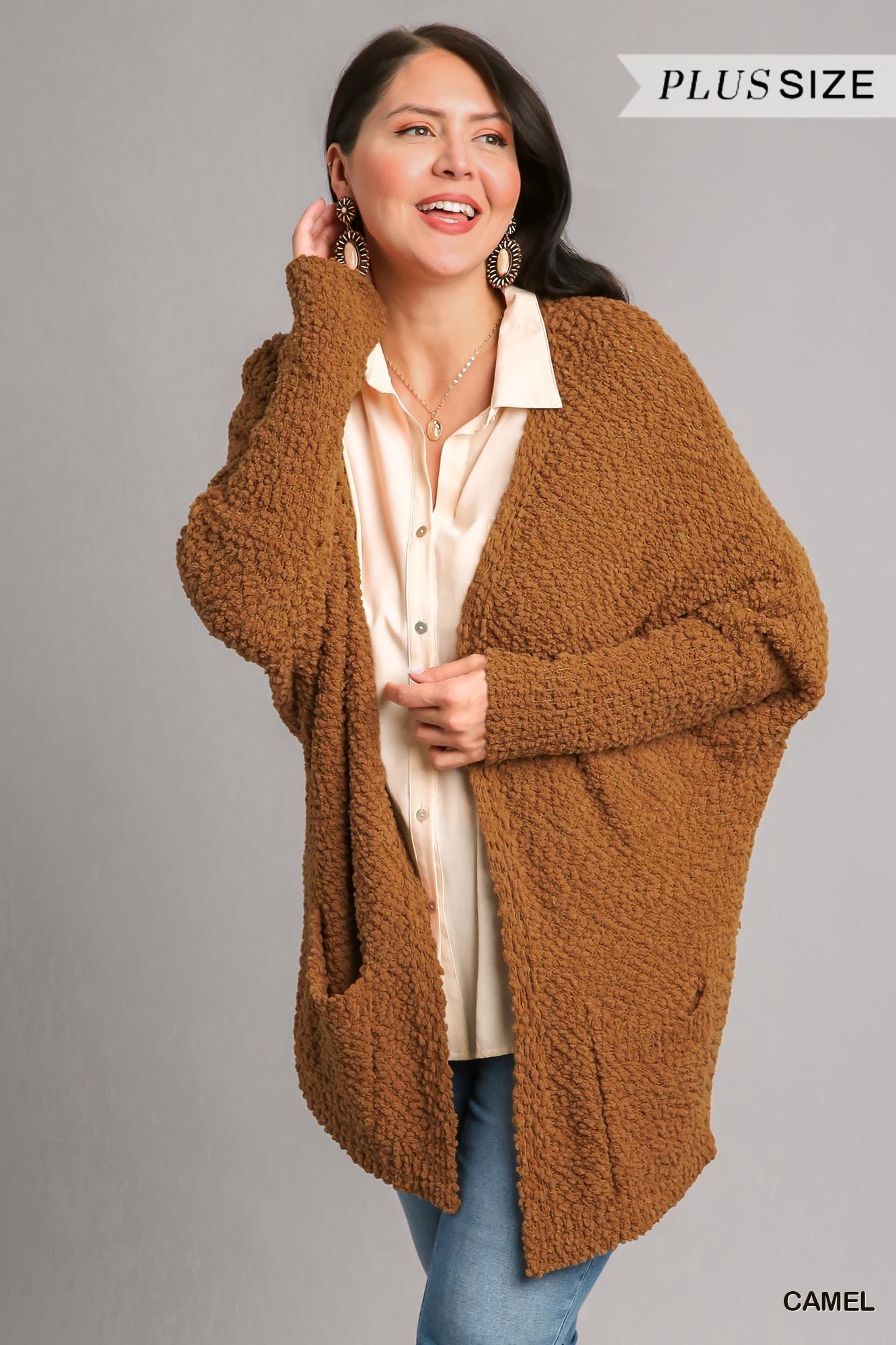 Plus Size Oversized Cardigan in Camel