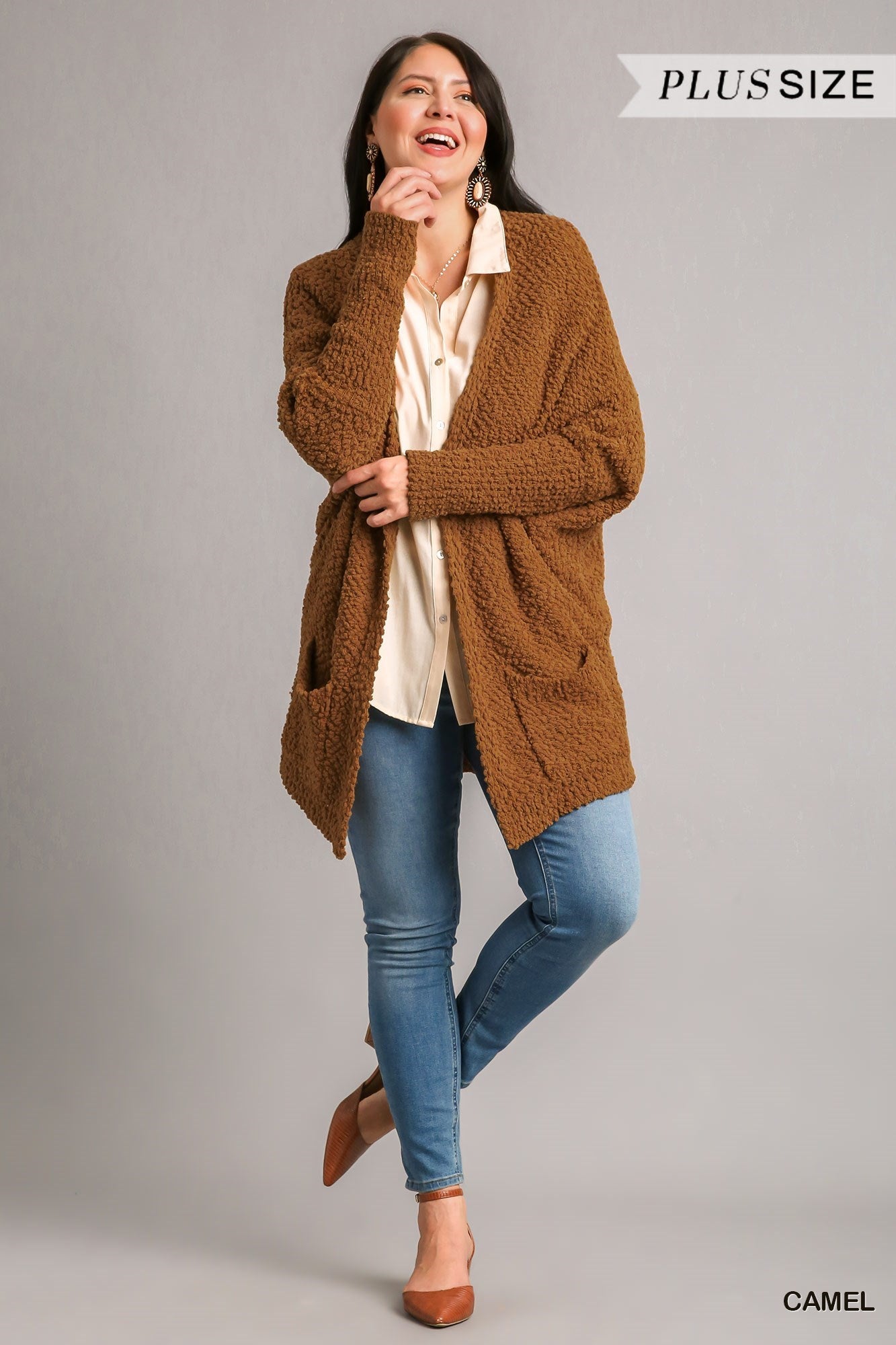 Plus Size Oversized Cardigan in Camel