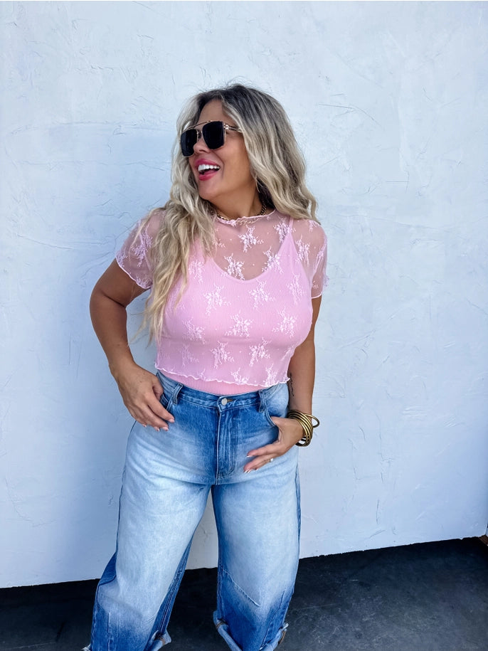 Short Sleeve Lace Top in Pink