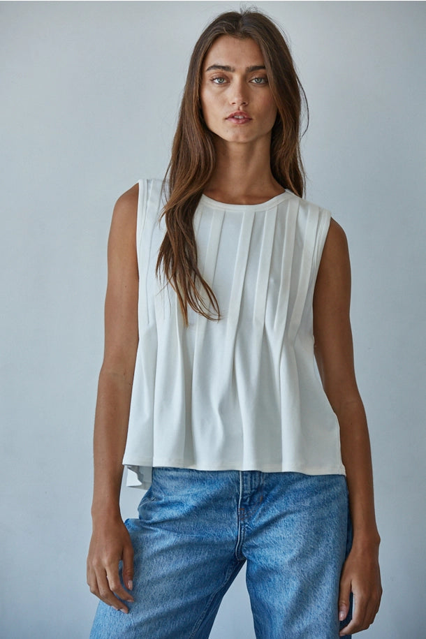 Pleated Knit Sleeveless Top in Cream