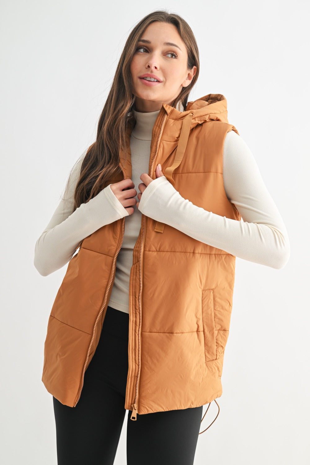 Long Line Puffer Vest in Camel