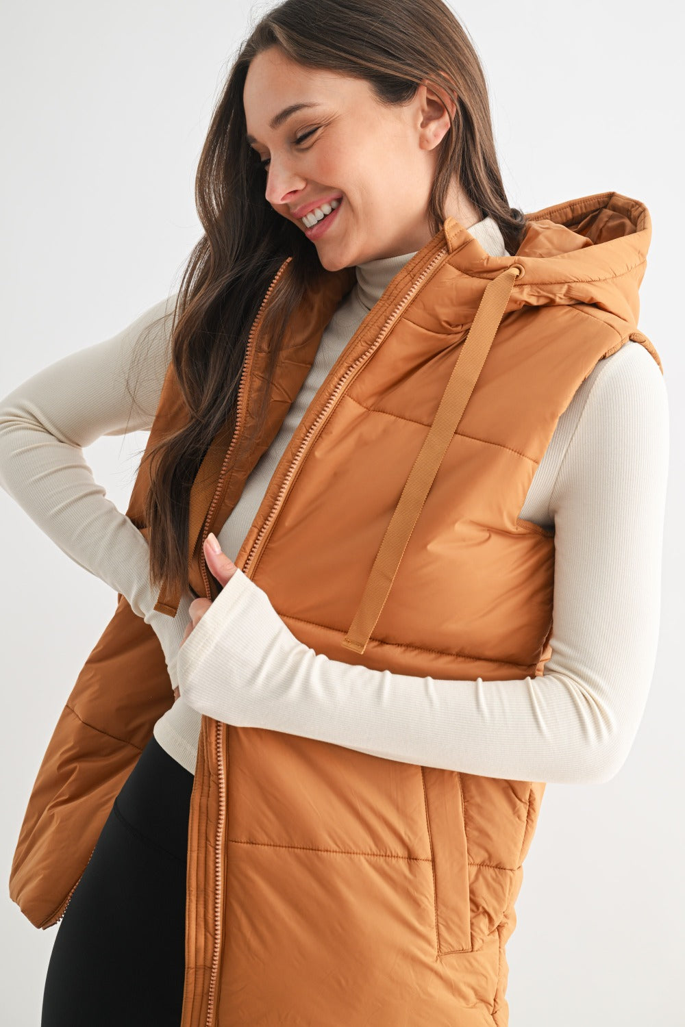 Long Line Puffer Vest in Camel