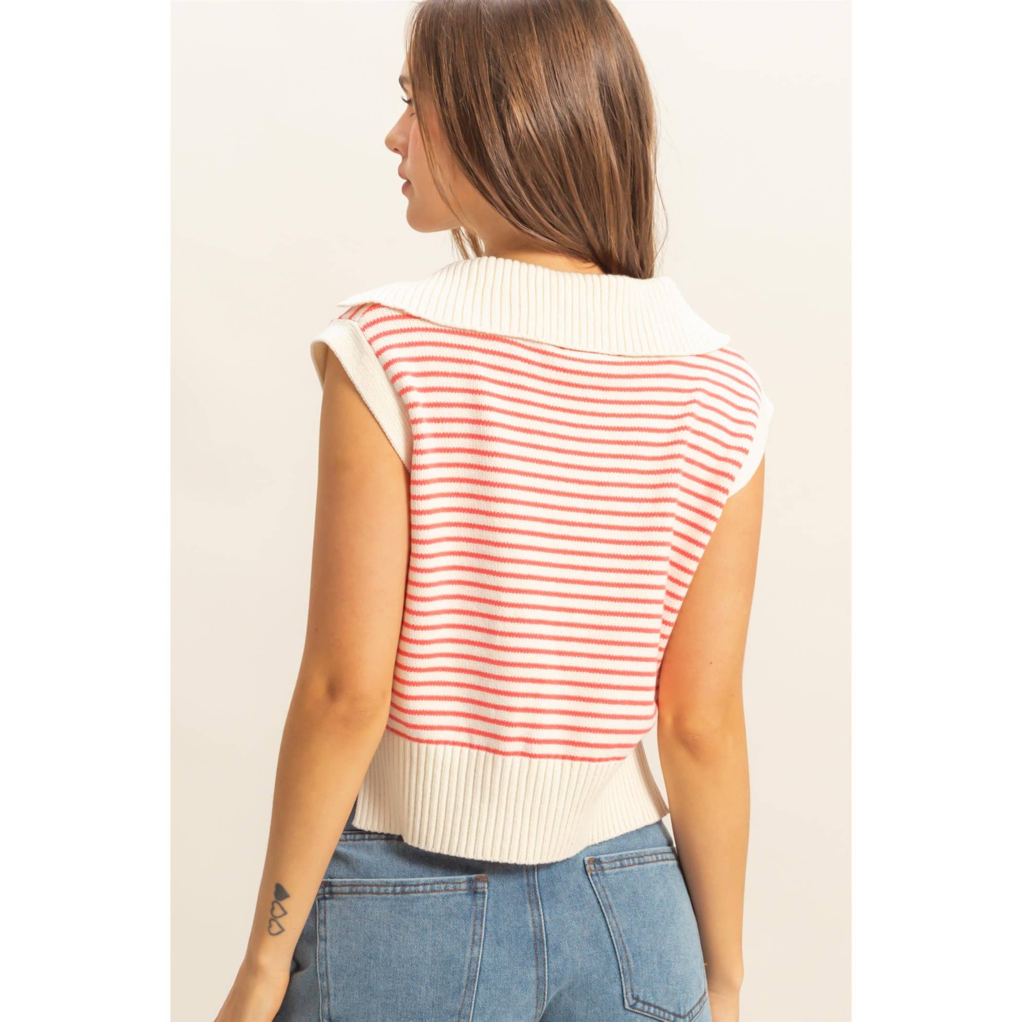 Striped Knit Collared Sleeveless Top