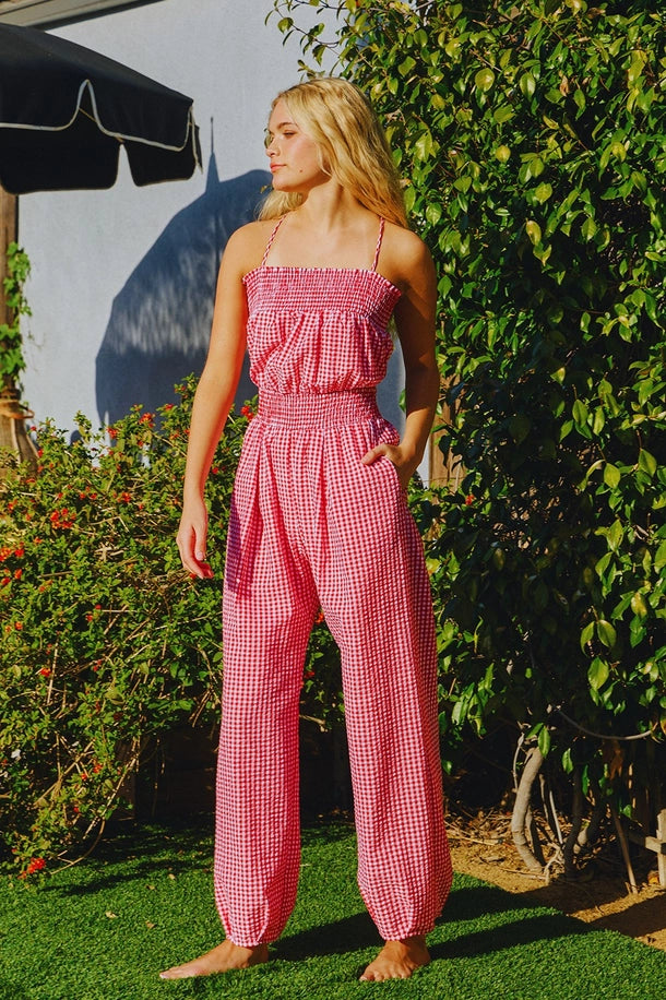 Smocked Checkered Seersucker Jumpsuit