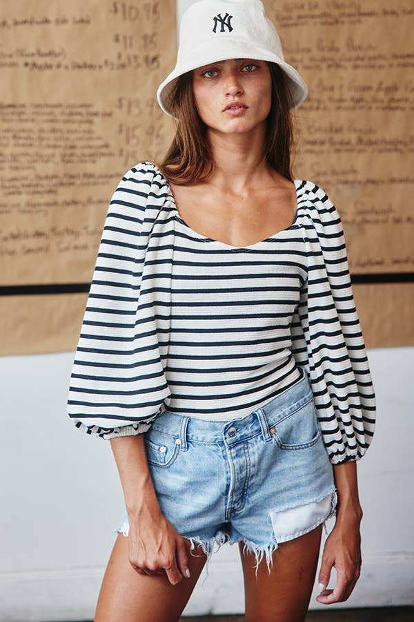 Lantern Sleeve Striped Bodysuit