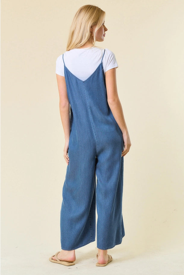 Tencel V-neck Jumpsuit in Medium Denim